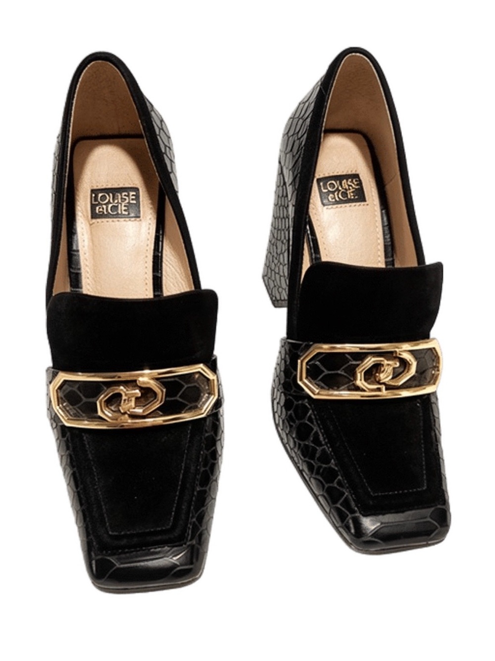 Louise et Cie Black Leather & Suede Block Heel Loafers with Gold Chain Accent